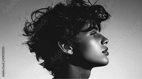   A black-and-white portrait of a woman with her hair flying in the wind © Shanti