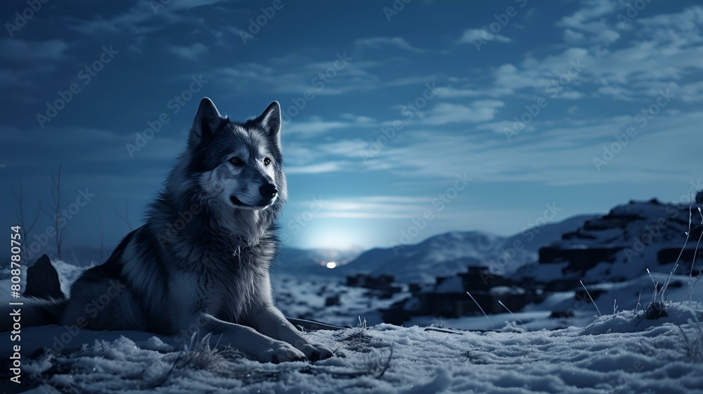 A lone wolf sitting in the snow under the moonlight A lone wolf sitting in the snow under the moonlight