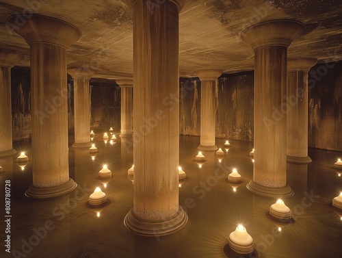 A large room with many pillars and a lot of candles lit. The candles are lit in a way that they are all lit up, creating a warm and inviting atmosphere photo