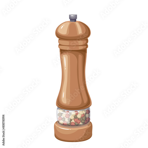 Pepper mill, cartoon vintage shaker for seasoning food. Wooden grinder with transparent glass container full of different black, white and red pepper corns, cartoon peppermill vector illustration