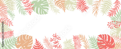 Hello Summer, exotic jungle leaves. Vector.	
