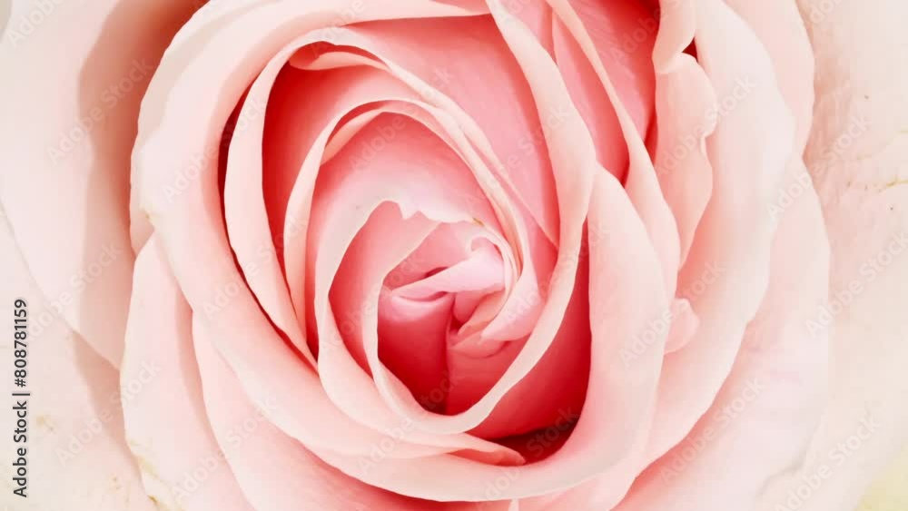 Soft pink rose rotating on white background. Macro shot. Bud closeup. Blooming pink rose flower open. Production Close-Up. Natural cosmetics production for hair and skin care. Essential perfume. 4k Soft pink rose rotating on white background. Macro shot. Bud closeup. Blooming pink rose flower open. Production Close-Up. Natural cosmetics production for hair and skin care. Essential perfume. 4k