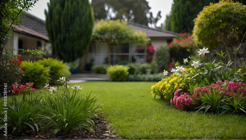 a photo of a green grass cut short front yard garden tall flowers and jasmine, in the background, X-T5 23MM, shallow depth of field a photo of a green grass cut short front yard garden tall flowers and jasmine, in the background, X-T5 23MM, shallow depth of field