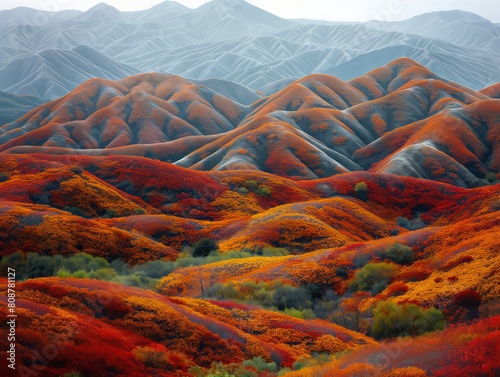 A beautiful landscape with mountains and hills covered in red and orange flowers. The colors are vibrant and the scene is peaceful and serene photo