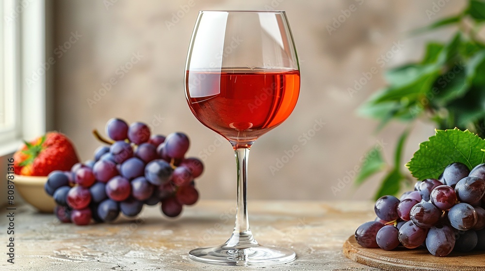   A glass of red wine sits beside a cluster of grapes and a bowl full of strawberries on a wooden table