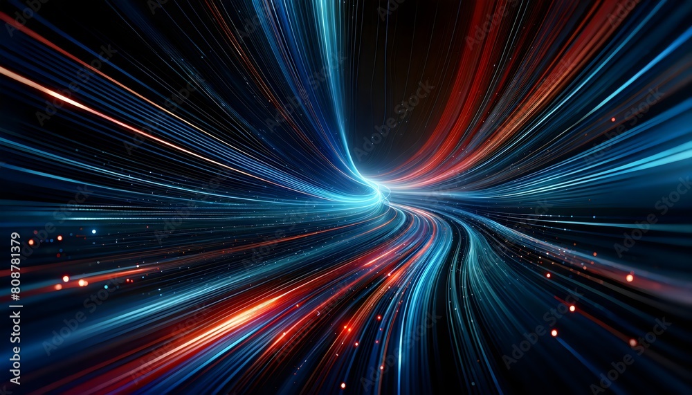 Hyperlight Journey, a stunning visual of high-speed movement through a tunnel of light, with lines streaking in brilliant red and blue hues towards a bright vanishing point Hyperlight Journey, a stunning visual of high-speed movement through a tunnel of light, with lines streaking in brilliant red and blue hues towards a bright vanishing point