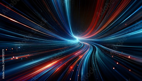 Hyperlight Journey  a stunning visual of high-speed movement through a tunnel of light  with lines streaking in brilliant red and blue hues towards a bright vanishing point