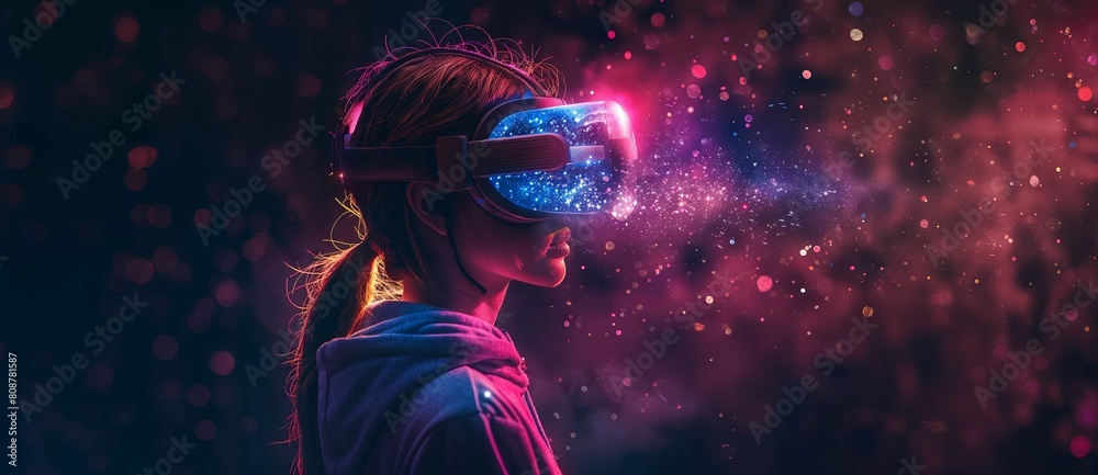 Woman wearing a VR headset pink and blue nebula background, space themed style futuristic style, AI technology virtual reality digital tech glasses industry Woman wearing a VR headset pink and blue nebula background, space themed style futuristic style, AI technology virtual reality digital tech glasses industry