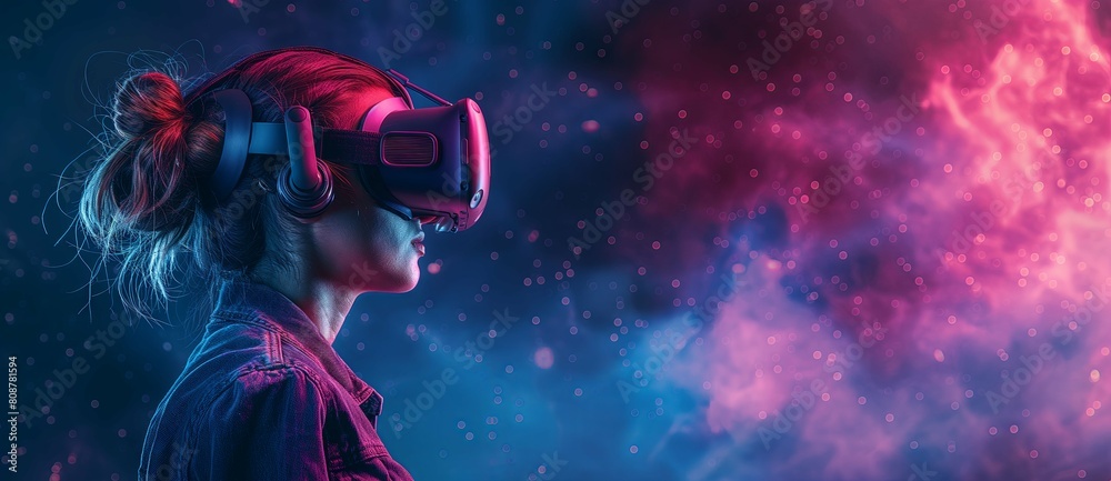 Woman wearing a VR headset pink and blue nebula background, space themed style futuristic style, AI technology virtual reality digital tech glasses industry Woman wearing a VR headset pink and blue nebula background, space themed style futuristic style, AI technology virtual reality digital tech glasses industry