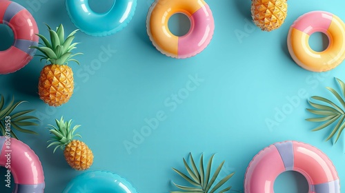 Top view of summer background with inflatable swimming rings, watermelon and pineapple on blue color. Summer vacation holiday concept