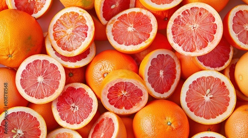  A stack of halved grapefruits on a white surface  surrounded by more grapefruits
