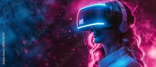 Woman wearing a VR headset pink and blue nebula background, space themed style futuristic style, AI technology virtual reality digital tech glasses industry