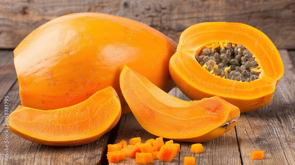 A close-up of peeled papaya on a wooden table with nearby cut pieces A close-up of peeled papaya on a wooden table with nearby cut pieces