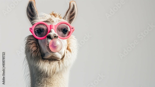 Llama alpaca wearing sunglasses blowing bubble gum on a color background, ban...