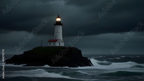 A solitary lighthouse standing tall against the backdrop of a stormy sea, its beacon cutting through the darkness. © Azadar