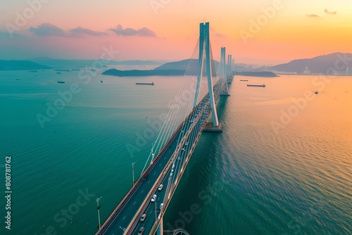 Sunset hues over a serene sea with a modern bridge. Tranquil waters and skyline. Scenic travel destination. Generative AI