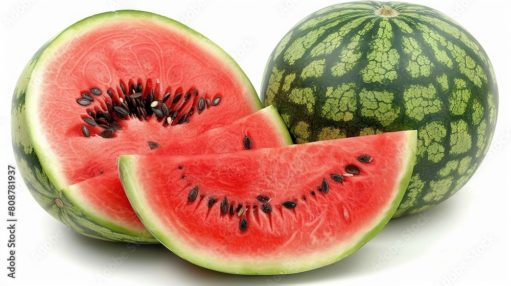  A halved watermelon and a whole watermelon with seeds on a white background, featuring a halved watermelon in the foreground