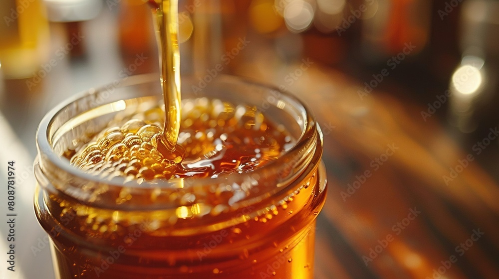 A close-up of a jar of honey with a spoon protruding from its top and a wooden table in the background A close-up of a jar of honey with a spoon protruding from its top and a wooden table in the background