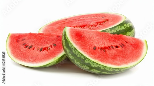  Three watermelons cut in half on a white background with clipped sides