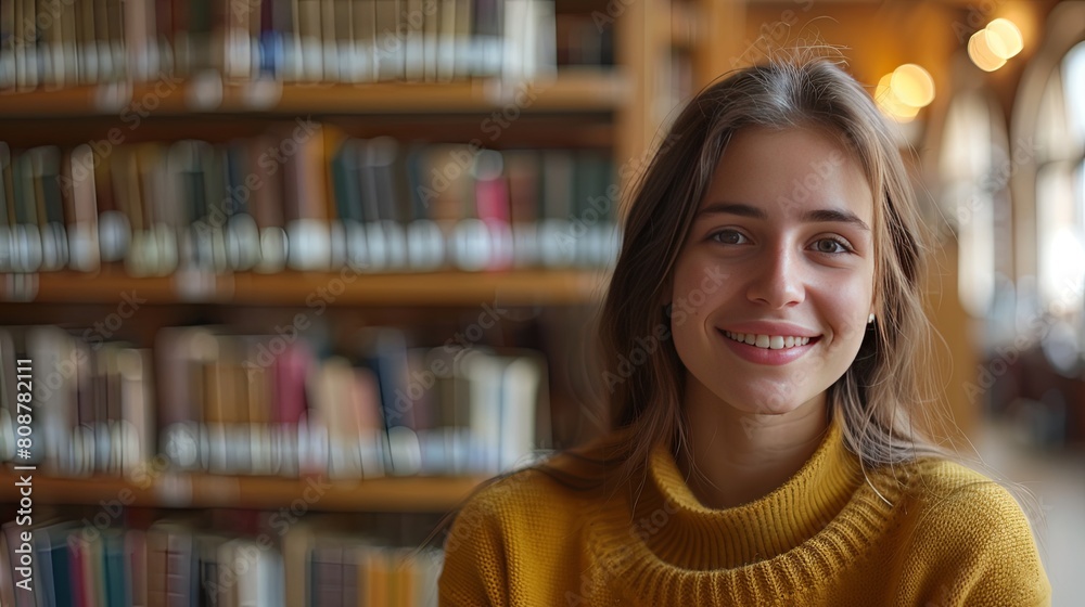 smiling young female student standing in a library.