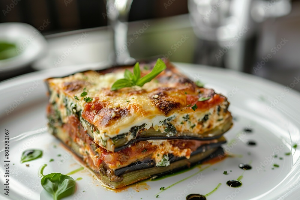 White Plate With Eggplant Lasagna in Sauce