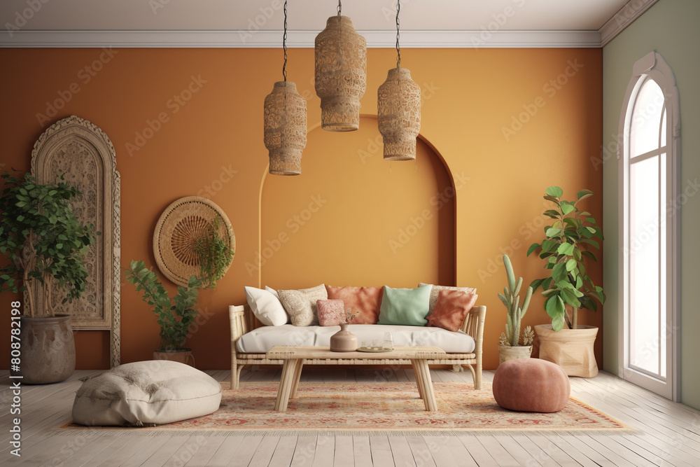 Φωτογραφία Wicker chandelier over wooden Scandinavian sofa with futon in bright living room interior