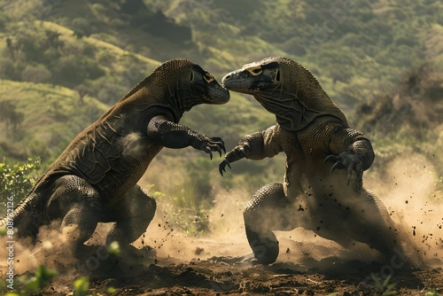 Two Dinosaurs in Battle Amidst Dusty Terrain  a Dramatic Prehistoric Scene. Perfect for Illustration and Gaming. Generative AI