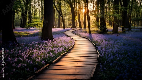 A path through a forest with purple flowers photo