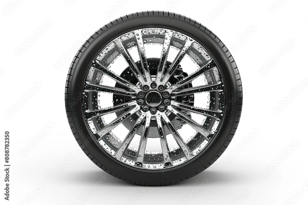 luxury car tire with elegant silver velg and droplets of water isolated on white background