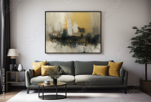 Modern Scandinavian home interior design characterized by an elegant living room featuring a comfortable sofa  mid century furniture  cozy carpet  wooden floor  white walls  and home plants.