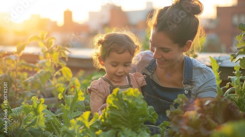 Mother and daughter on green rooftop garden, showcasing sustainable urban agriculture. Commitment to sustainable living and nurturing plant life within an eco-conscious lifestyle. Generative ai.