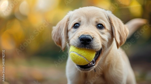 cute puppy happily playing with a tennis ball, embodying joy and affection as a furry friend