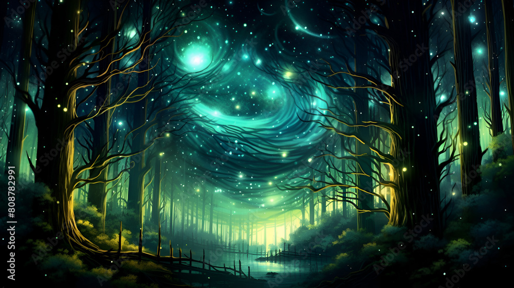 Obraz premium Whimsical forest path with glowing swirly lights at night