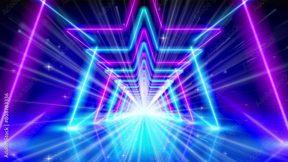 Flight through glowing neon stars, tunnel, star shaped led arcade. Bright laser stage light. Pink blue purple corridor neon arch, stars. Abstract background, vr. Design element, vj loop, seamless