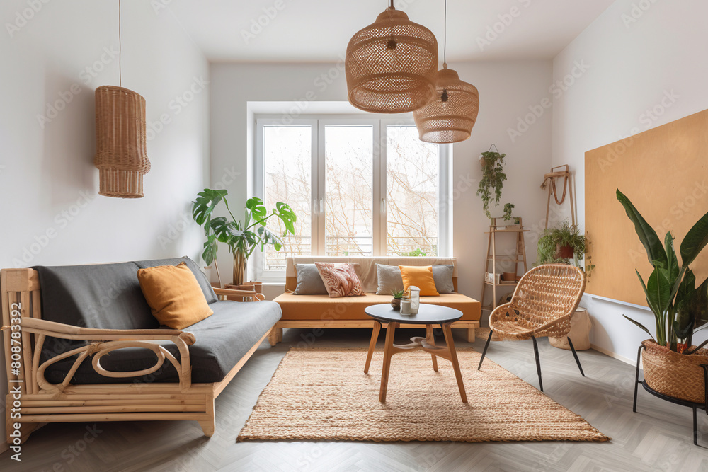 Φωτογραφία Interior design of cozy living room with stylish sofa, coffee table, flowers in vase, carpet, decoration, pillows, plaid and personal accessories in modern home decor