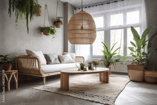 Modern living room interior with stylish comfortable sofa. The stylish boho compostion with plants	 photo