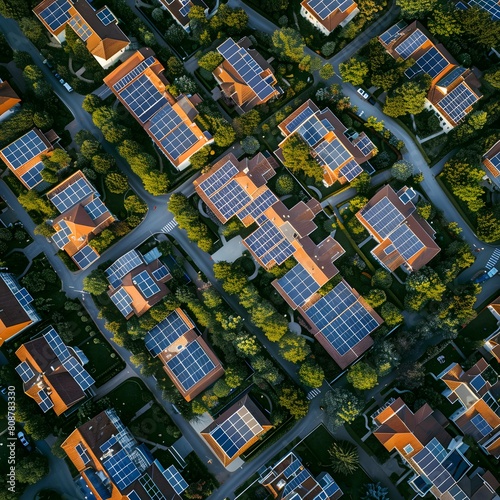 Aerial view of residential houses with solar panels on the roofs with green trees © dip
