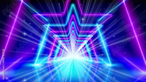 Flight through glowing neon stars, tunnel, star shaped led arcade. Bright laser stage light. Pink blue purple corridor neon arch, stars. Abstract background, vr. Design element, vj loop, seamless