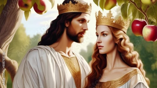 Medieval man and woman under apple tree in garden, king and queen, Generative AI, photo