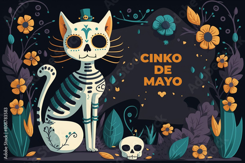calavera cat and sugar skill. Day of the dead, Dia de los muertos, cute cat head skull and skeleton decorated with colorful Mexican elements and flowers. Fiesta, Halloween, holiday post