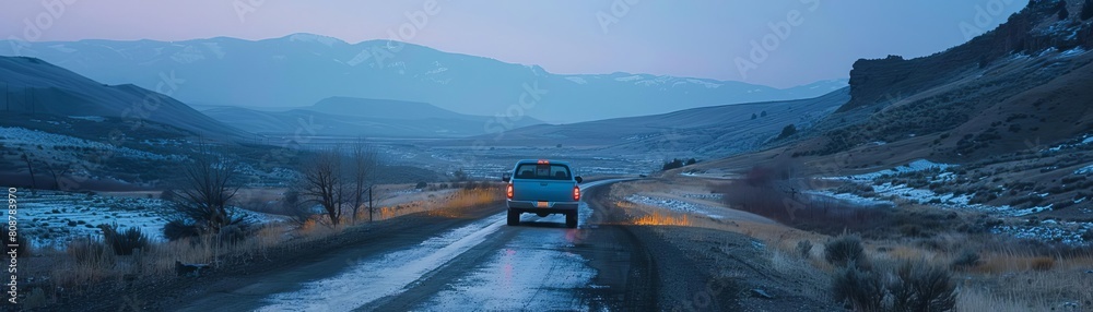pickup crosses mountain road winding in twilight