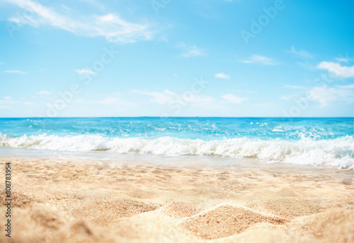 Beautiful blurred defocused beach background. Natural landscape with empty tropical beach.