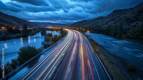 Long exposure photo of car lights on the highway at night, with river and hills in the background High quality photography in the style of Albert Lynch