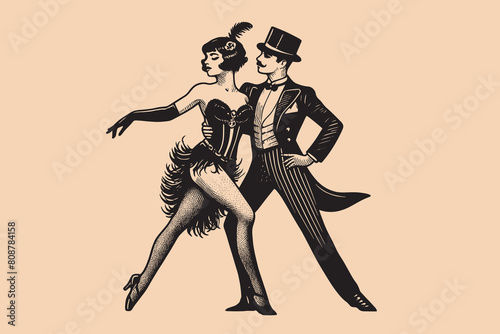 Cabaret dancers. 20s.  Beautiful young couple. Man and woman. Black vintage retro illustration. Vector. Isolated object, cut out