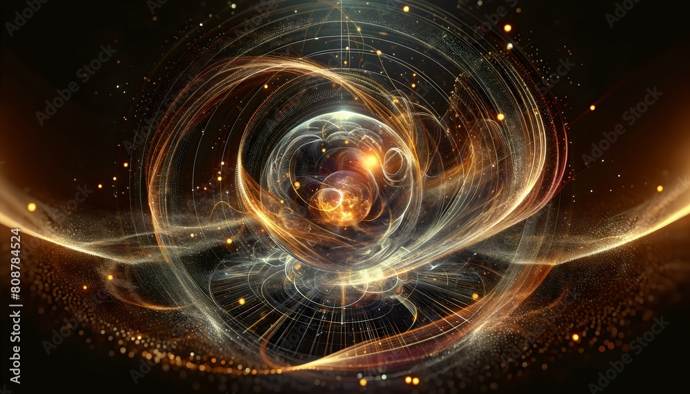 Cosmic Vortex, a swirling cosmic vortex, brilliantly illuminated with gold and amber hues against a backdrop of stars