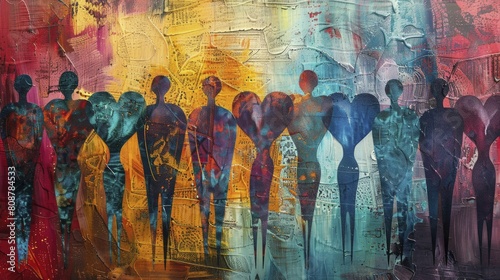 Innovative teamwork depicted through abstract human forms against a heart motif backdrop in contemporary business art.