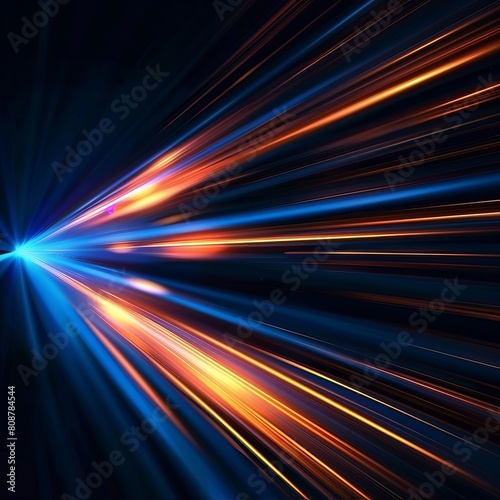 Abstract background of blue and orange light rays with a digital data stream in the center. The background shows streaks and lines moving fast in the style of digital technology