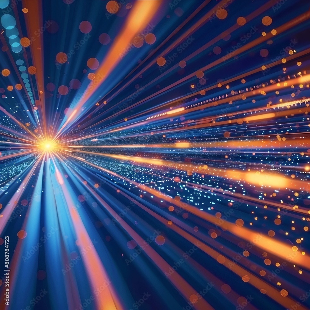 Abstract background of blue and orange light rays with a digital data ...