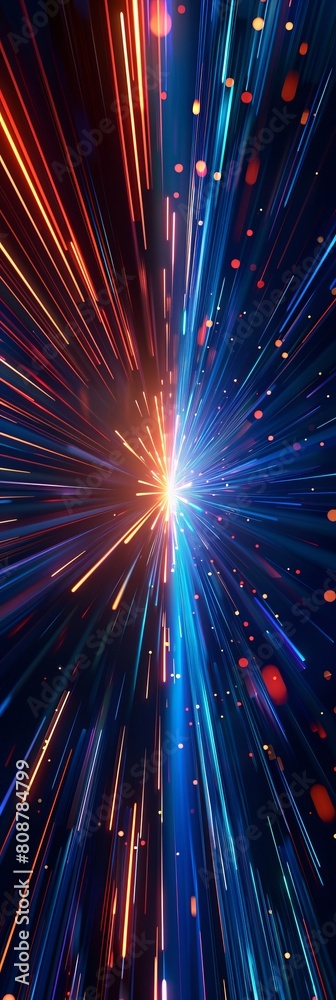 Abstract background of blue and orange light rays with a digital data ...