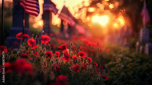 The soft glow of sunset lighting up a cemetery adorned with red poppies and American flags providing a warm and inviting background for Memorial Day messages. photo